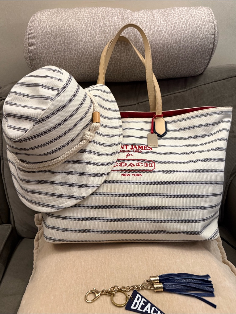 Coach x St James  Striped Canvas Tote Hat set